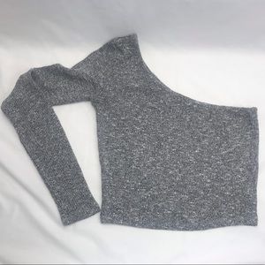 Garage Heather Gray One Shoulder Cropped Sweater Right Side Long Sleeve Size L